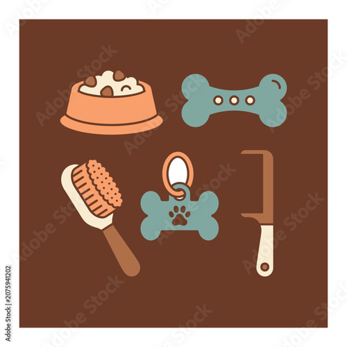 Illustration of Cute dog care and grooming items on white background.