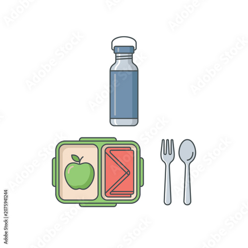 Illustration of Healthy school lunch with apple, sandwich, and water bottle.