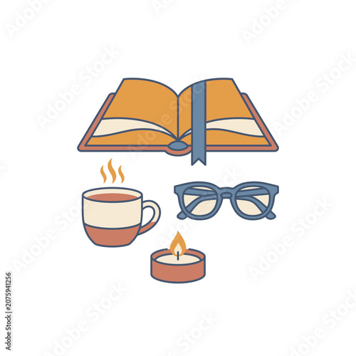 Illustration of A set of reading essentials including book, glasses, coffee cup, and tea light.