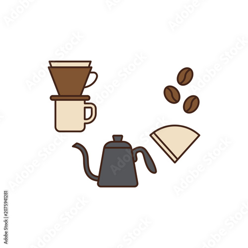 Illustration of Coffee brewing equipment and coffee beans on white background.