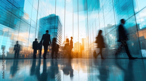 Urban Commute in Motion: Silhouettes of business people blur past reflective glass walls of a modern skyscraper, evoking the dynamic rhythm of city life and commerce.