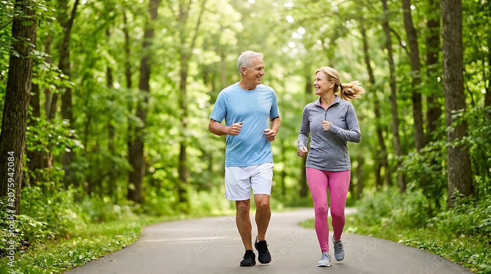 Fototapeta premium Healthy senior couple jogging together on scenic forest path during bright day highlighting active lifestyle and fitness routine for elderly people enjoying nature and outdoors.