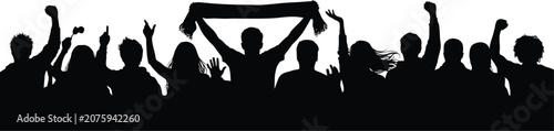 Tablou pe pânză Crowd of silhouetted people cheering with arms raised and a scarf held aloft