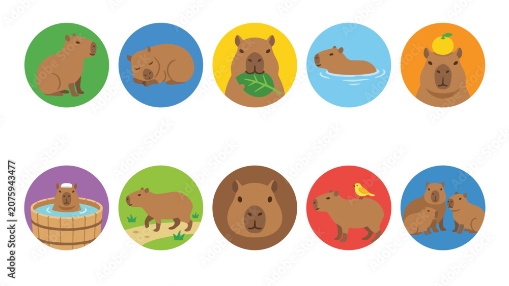 Naklejka premium Cute capybara icon set with various poses and activities