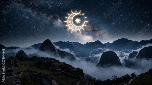 Killa Raymi, sacred moon symbol above misty Andes landscape with glowing stars and stone temple silhouettes