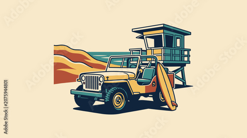 Retro summer off-road vehicle parked on beach with surfboard and lifeguard tower, vintage graphic illustration for t-shirt design and surf branding