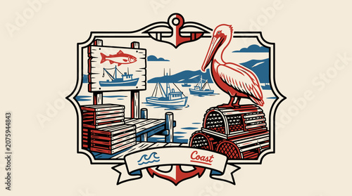 Tableau sur toile Vintage nautical emblem with pelican on lobster traps, fishing trawlers, and anchor, retro graphic illustration for seafood branding and apparel