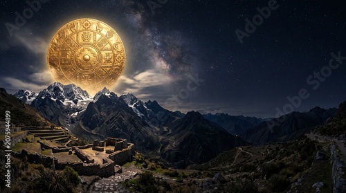 Killa Raymi, magnificent golden moon disc with ancient Inca geometric carvings, glowing moonlight over Andean mountains