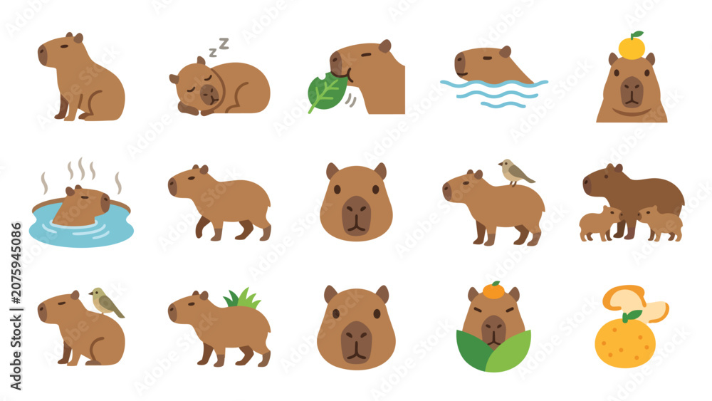 Obraz premium Cute capybara vector icon set in various fun poses