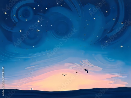 Peaceful evening with birds flying at sunset.