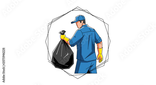 Sanitation worker in blue uniform carrying a full black trash bag, wearing yellow gloves and a cap.