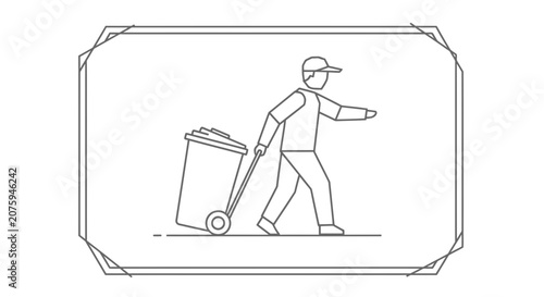 Sanitation worker pulling a trash bin on wheels, recycling and waste management concept