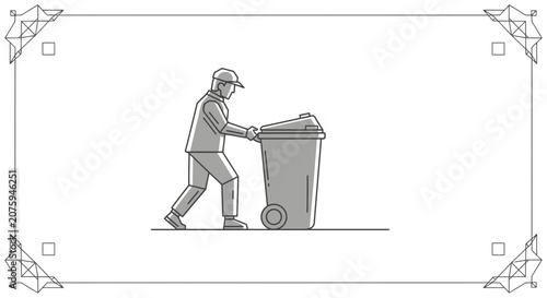 Sanitation worker pushing a garbage bin on a street, recycling, waste management concept