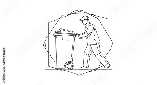 Sanitation Worker Pushing Wheeled Trash Bin, Geometric Frame, Line Art Illustration