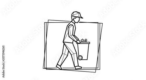 Sanitation Worker Pushing Trash Bin, Waste Management, Recycling, Cleanliness