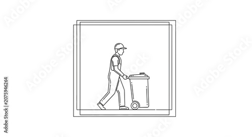 Sanitation worker pushing a wheeled garbage bin, illustration, recycling concept