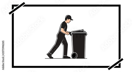 Sanitation Worker Pushing Trash Bin, Waste Management Service, Urban Cleaning