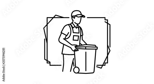 Sanitation worker with trash bin, waste management, recycling, cleaning service icon