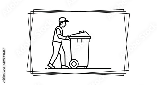 Sanitation Worker Pushing Wheeled Trash Bin, Waste Management Service, Urban Cleaning