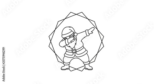 Santa Claus Dab Pose Outline Vector Illustration with Geometric Frame