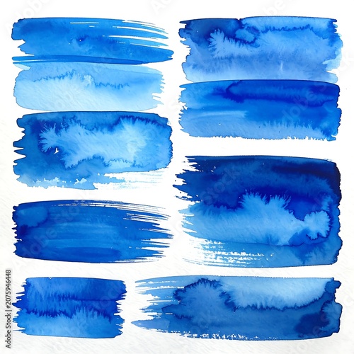 A collection of eight blue watercolor brushstrokes on a white background