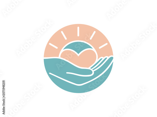 mental health care logo han holding sun and heart healing hope community badge vector