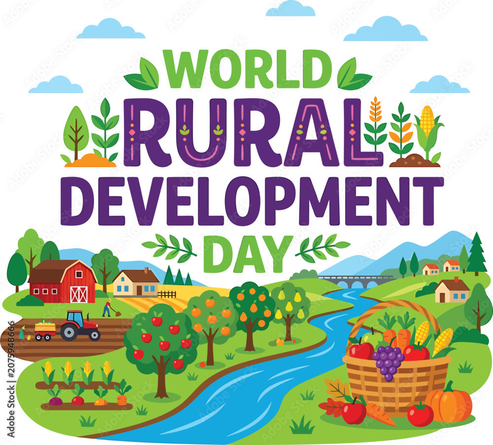 Fototapeta premium World rural development day sign with farm and crop landscape