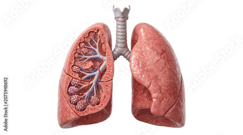 Fotografía Anatomical illustration of human lungs with trachea and bronchi on a white background