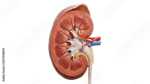 Bild auf Leinwand Detailed anatomical illustration of a human kidney with visible internal structures and blood vessels on a white background
