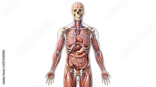 Fotografía Detailed illustration of a human body showing the skeletal and circulatory systems with organs visible on a white background