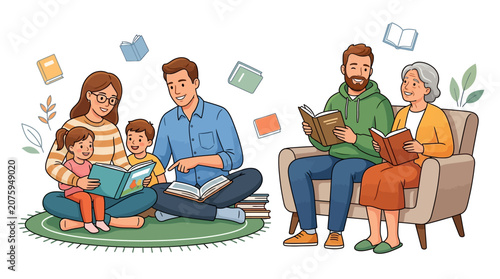 Illustration of two multigenerational families reading books together on a rug and in an armchair with floating pages around them against a white background with a warm and cozy mood.