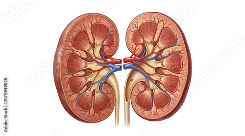 Foto Detailed illustration of a human kidney anatomy with blood vessels and ureters on a white background