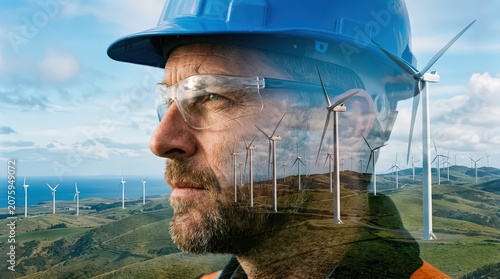 Engineer wearing hard hat observing wind farm power future renewable energy photography