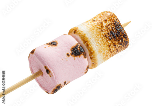 Two fluffy pink marshmallows on a wooden stick; one dark charred and gooey, another golden brown; isolated on a transparent background with copy space, soft studio light, delicious dessert concept