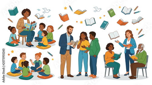 Illustration of diverse people of various ages reading and learning together in different settings with books and papers floating around them.