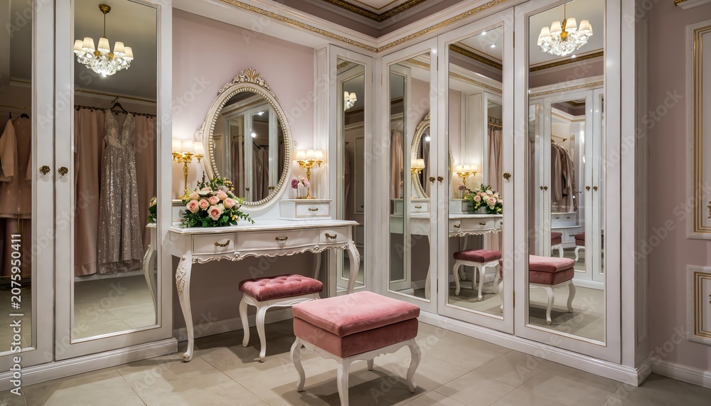 Fototapeta premium Elegant Luxury Walk-in Closet with Classic Vanity Dressing Table and Mirrored Wardrobes in Soft Pastel Pink Interior Decor