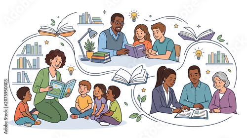Foto Illustration of diverse people reading and learning together in various settings with thought bubbles and books