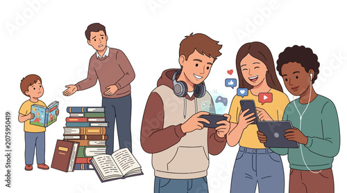 Illustration of diverse group of people using digital devices with books around them on a white background with a casual and educational mood.