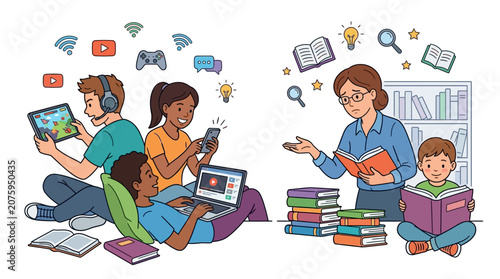 Illustration of a diverse group of students and a teacher engaging with various digital devices and books in a colorful, educational setting.