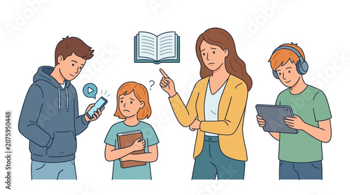 Illustration of four people of different ages using digital devices and books in a colorful composition with a clean white background.