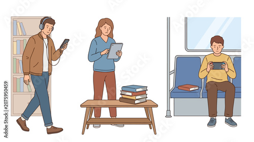 Illustration of three people using digital devices in different settings, a man on a phone in a library, a woman with a tablet and books on a coffee table, and another man on a tablet on a