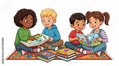Four diverse children sitting on a colorful rug reading books together in a lively and educational setting.