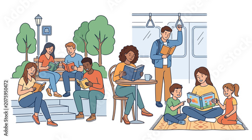 Illustration of diverse people reading books in various settings outdoors and indoors with a mix of casual and relaxed postures.
