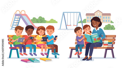 Illustration of diverse children and teacher reading books on benches in a park with playground equipment and school building in the background.