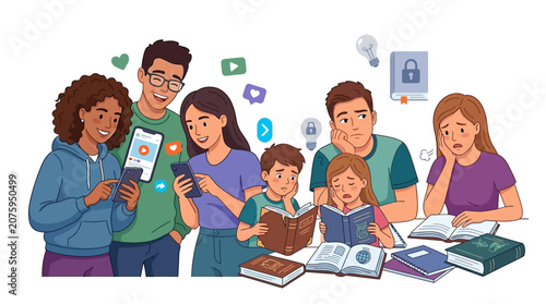 Illustration of a diverse family with children and parents learning together with books and digital devices on a plain white background.
