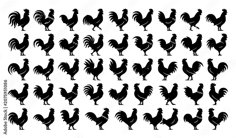 Obraz premium Rooster Silhouette Collection with Poultry Vector Icons