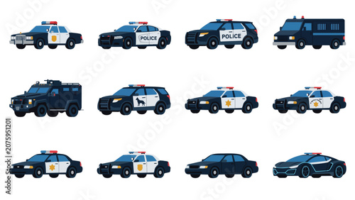 Schilderij op canvas Set of different police patrol cars and law enforcement vehicles