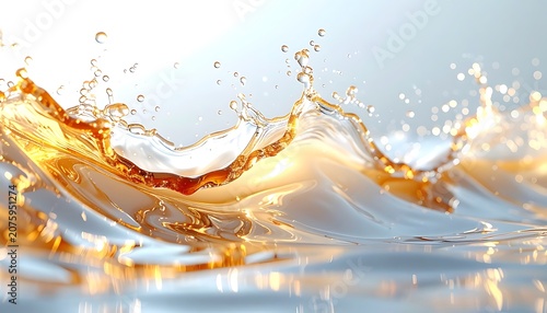 Water splash with golden liquid droplets.