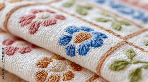 a close-up view displays textured white fabric featuring delicate, colorful floral embroidery in blue, pink, and orange, accented by green leaves and outlined in gold thread.