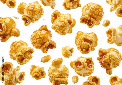 Freshly popped, glossy, golden-brown caramelized popcorn and unpopped corn suspended mid-air against a transparent background with copy space, delicious cinema snack concept.